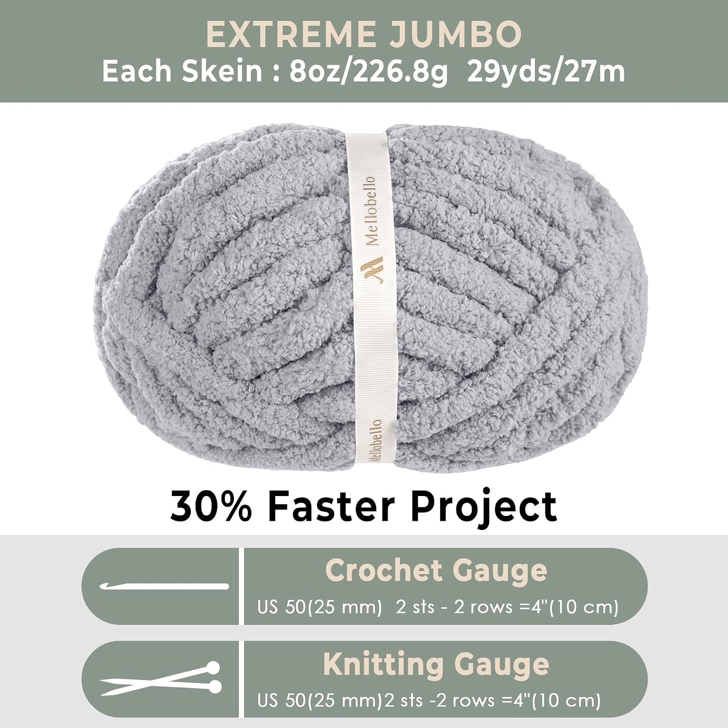 Jumbo Chunky Yarn for Hand Knitting - Super Thick Chenille Chunky Yarn for Crocheting - Extra Soft Bulky Fluffy Blanket Big Yarn 8 Jumbo Pack (26yds.8 oz Each Skein) Light Grey - Image 4