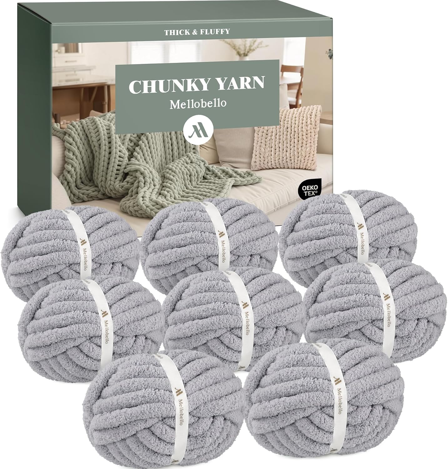 Jumbo Chunky Yarn for Hand Knitting - Super Thick Chenille Chunky Yarn for Crocheting - Extra Soft Bulky Fluffy Blanket Big Yarn 8 Jumbo Pack (26yds.8 oz Each Skein) Light Grey