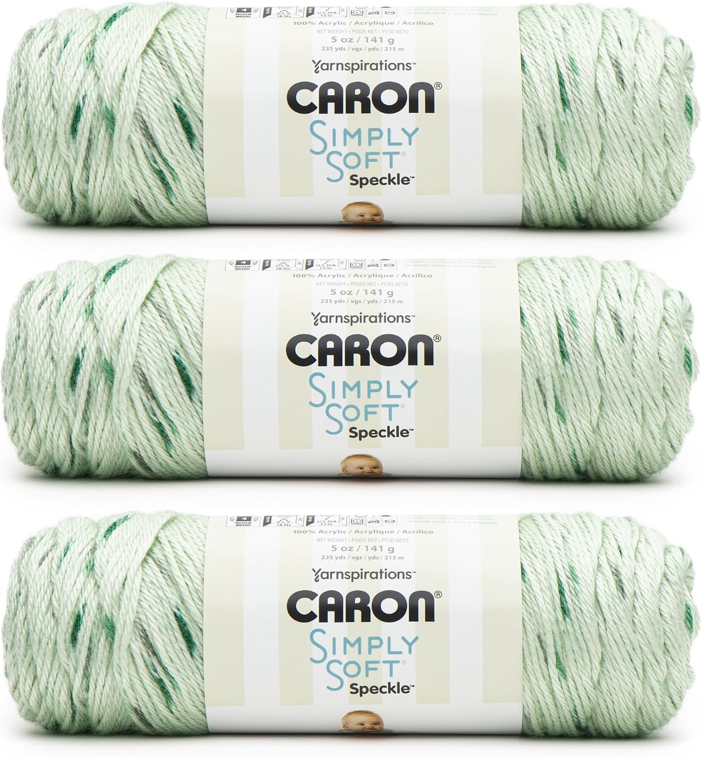 Caron Simply Soft Speckle White Sage Yarn - 3 Pack of 5oz/141g - Acrylic - #4 Worsted (Medium) - 235 Yards - Knitting & Crochet