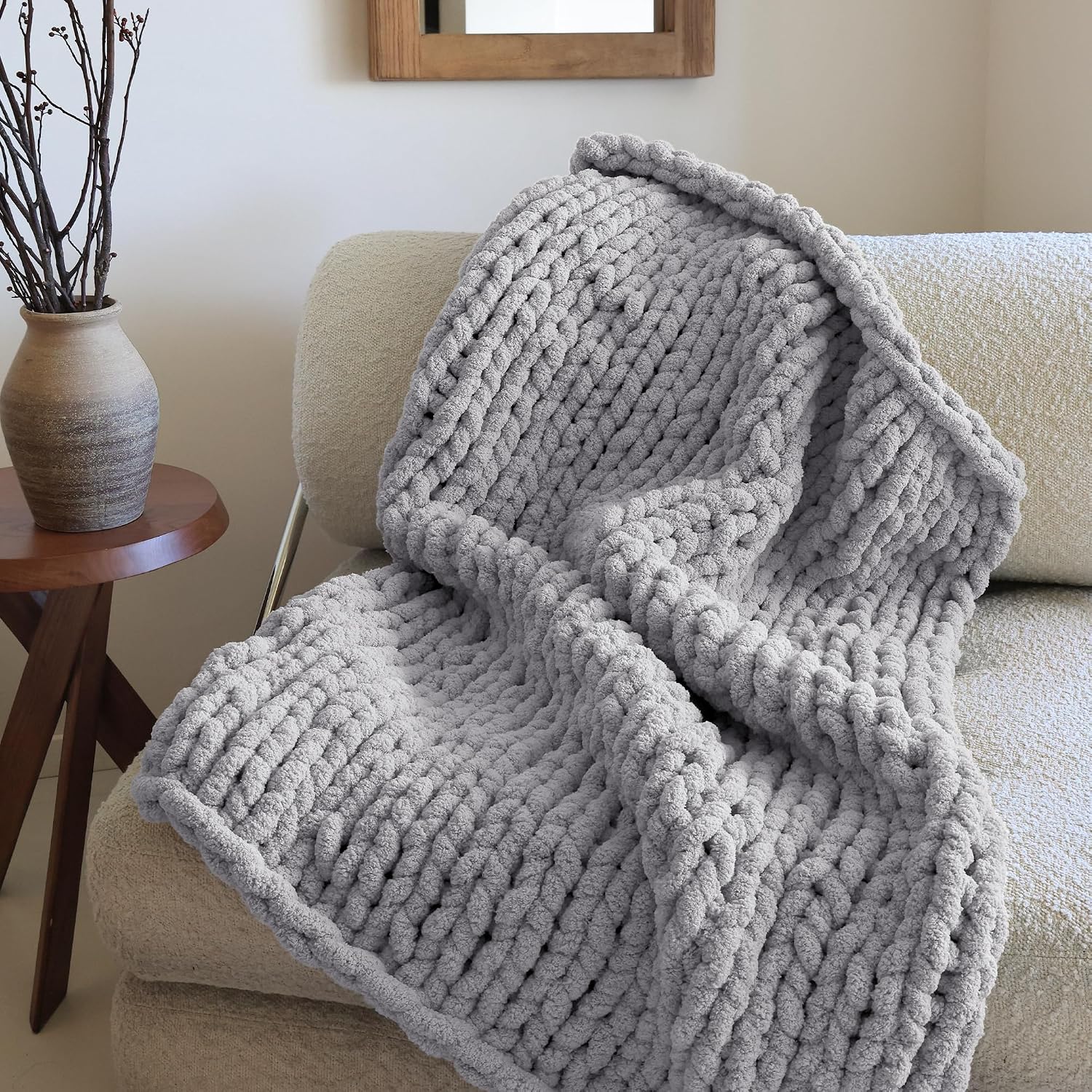 Jumbo Chunky Yarn for Hand Knitting - Super Thick Chenille Chunky Yarn for Crocheting - Extra Soft Bulky Fluffy Blanket Big Yarn 8 Jumbo Pack (26yds.8 oz Each Skein) Light Grey - Image 2